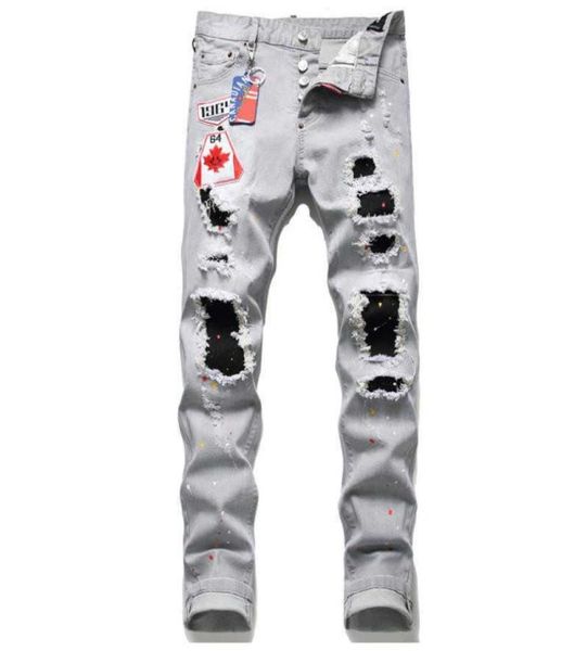 

mens jeans jean hip hop pants street trend zipper chain decoration ripped stretch black fashion slim fit washed motocycle denim pa2588044, Blue