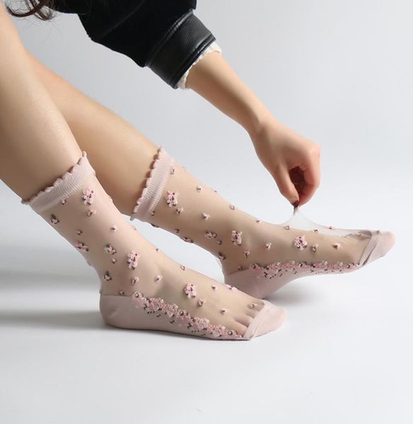

socks hosiery 1 pair women flower sock summer lace crystal glass silk short thin transparent roses jacquard elastic ultrathin4092722, Black;white