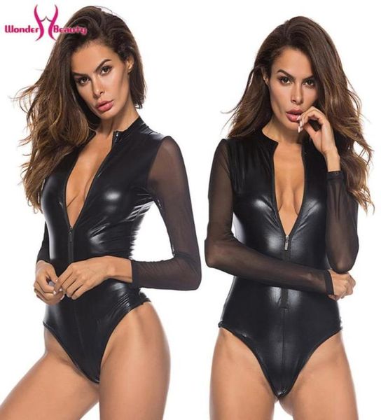 

black mesh long sleeve faux leather bodysuit zipper women plus size 4xl pu body feminino clubwear party pvc bodysuits women9329255, Black;white