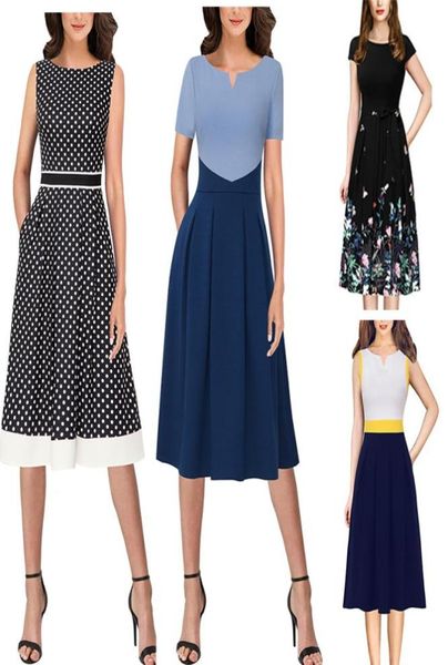 

vfemage women notch v neck colorblock patchwork pockets pleated work office business casual party flare aline skater dress 10318102820, Black;gray