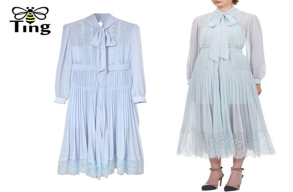 

summer self portrait dress women long sleeve lace patchwork maxi vintage bow party dinner pleated robes 2105135891947, Black;gray