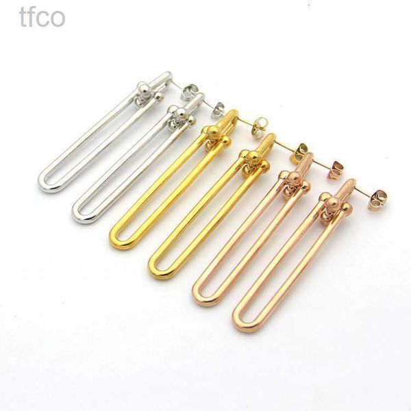 

womens u-shaped earrings two section long ear studs designer jewelry studs gold/silvery/rose full brand as wedding christmas gift, Golden;silver