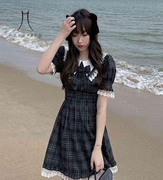 

heydress holiday mini dresses women summer kawaii sweet plaid lace dress female japanese lolita bow oneck bubble sleeve dresses 28296744, Black;gray