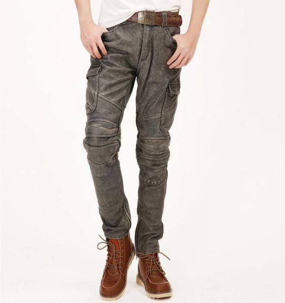 

2020 vintage grey men american casual style motorcycle leather trousers plus size 4xl genuine thick cowhide pants 5303512, Black