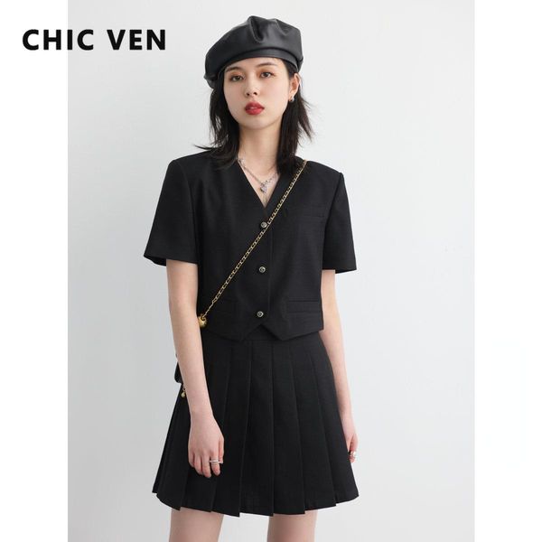 

parkas chic ven women's short sleeved blazer vneck slim fit female high waisted pleated short skirt school girl suits summer 2023, Black