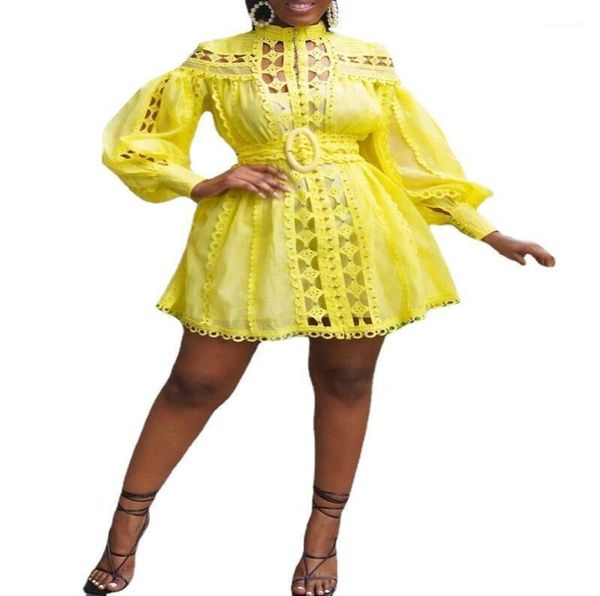 

casual dresses women dress largesize standneck lantern sleeve lace stitching hollow out elegant vestido feminino donsignet 4440560, Black;gray