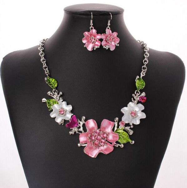 

3set europe and america fashion sweet temperament enamel flowers with crystal necklaces earrings sets ms jewelry gift6333683, Silver
