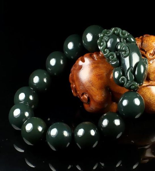 

natural green hetian jade bracelet men and women 14mm 16mm round beads jewelry gifts bangle8669442, Black