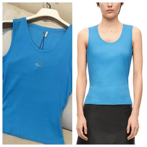 

Women Top Tanks Vest T Shirts Anagram Embroidered Cotton-blend Tank Tops Designer Skirts Yoga Suit Elastic Sports Knitted Tanks T Shirt, Blue long