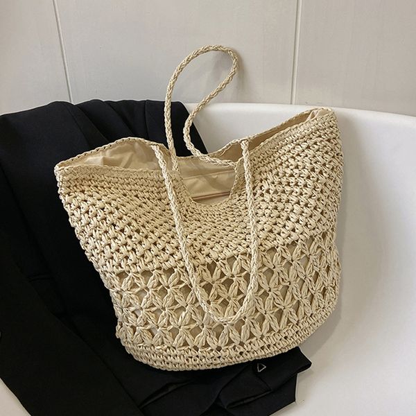 

other bags leisure design straw woven bag trend luxury women's shoulder bag fashion women's beach handbag large capacity travel ha, Black;red
