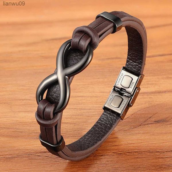 

tyo luxury genuine leather infinity symbol mens bracelet stainless steel buckle couple bangles jewelry dropshipping wholesale l230704, Black