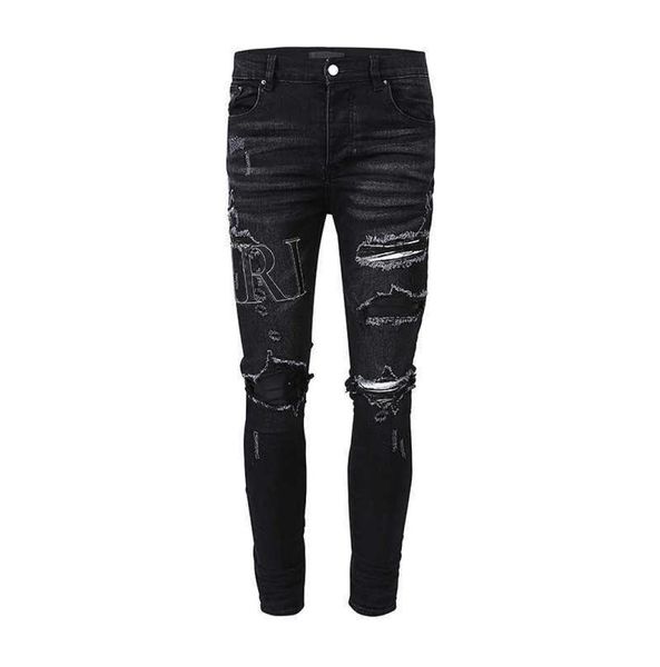 

designer jeans amira fashion men039s trendy new high street patchwork holes wash denim cotton slim fit ol3e pleated wrinkled kn5277225, Blue
