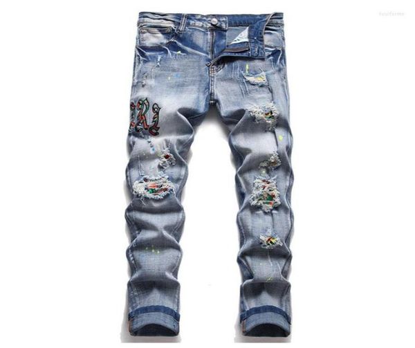 

men039s jeans ripped hip hop holes casual pants washed streetwear harakuju denim trousers for male slim fit embroidery5157501, Blue