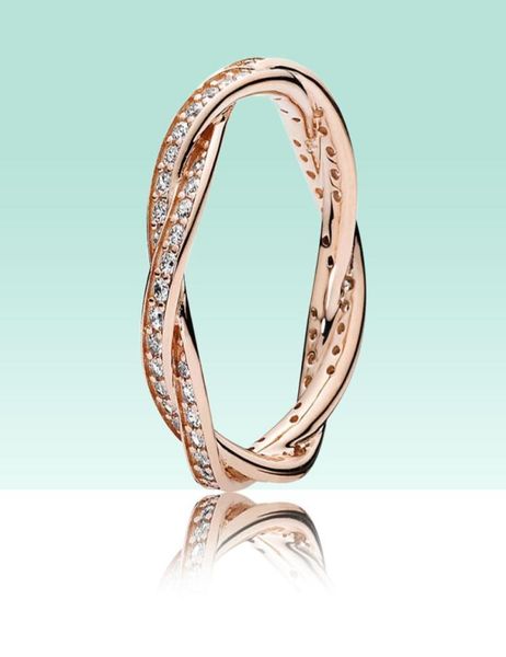 

luxury 18k rose gold women rings original box for sparkling twisted lines ring 925 sterling silver wedding cz diamond ring set3524769, Slivery;golden