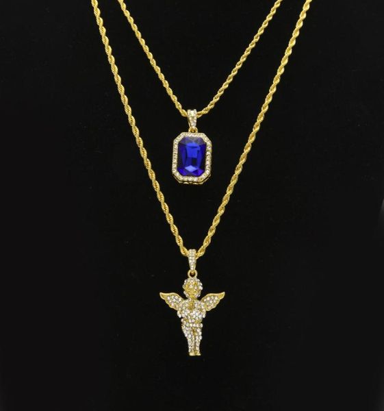 

mens hip hop jewelry sets mini square ruby sapphire full crystal diamond angel wings pendant gold chain necklaces for male hiphop 7558171, Silver