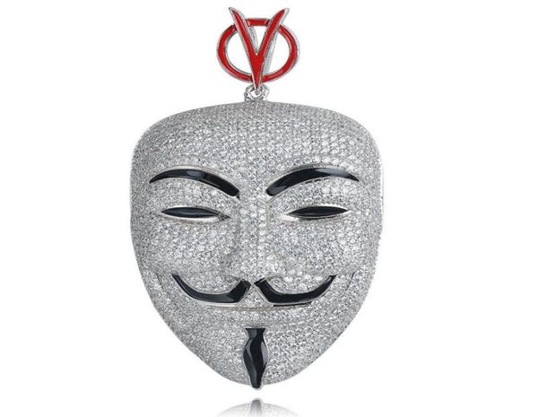 

hip hop v for vendetta necklace silver color cubic zircon mask pendant for men ice out tennis chain rapper jewelry9790596