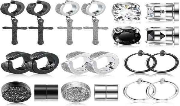 

10 pairs nonperforated magnetic studs stainless steel cross dangling hinged earrings clip on cz magnet earrings for men women130566562143, Silver