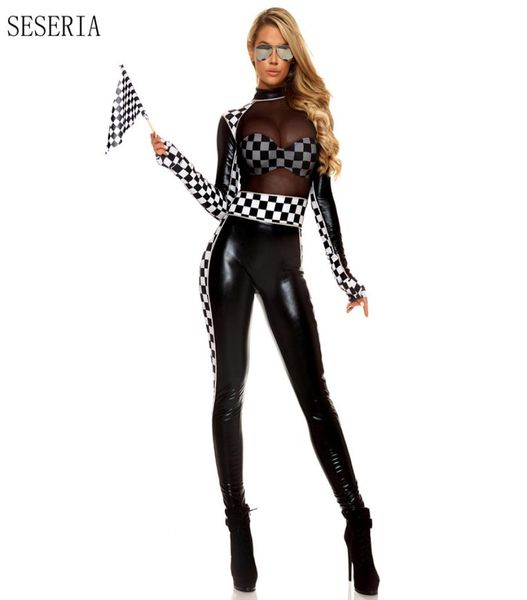 

seseria grid car racing costume women long sleeve jumpsuit racing girl cheerleader nightclub outfit7874420, Black