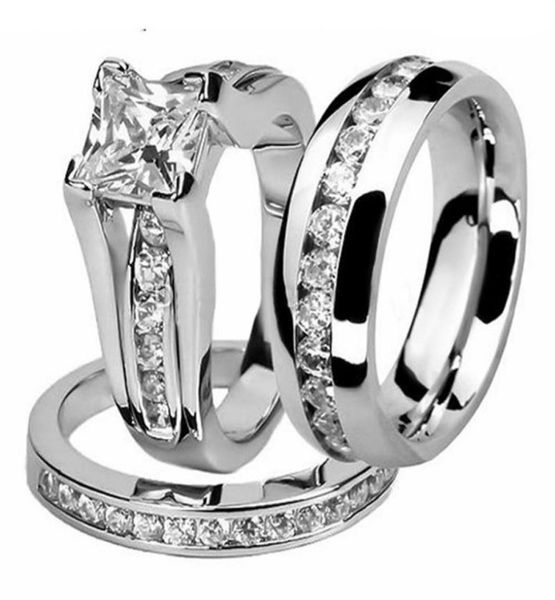 

his and her couple ring set fashion jewelry 10kt white gold filled stainless steel z crystal women men bridal ring set gift si8266742, Slivery;golden