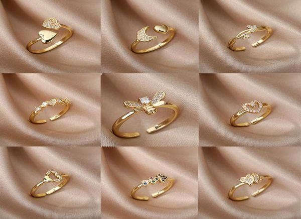 

fashion jewelrys bee butterfly for women open adjustable stainless steel cubic zirconia moon heart finger ring elegant birthday je9821344, Golden;silver