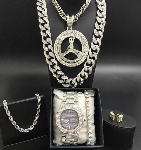 

men silver watch hip hop men watch necklace bracletering combo set out cuban crystal miami chain hip hop for r9dl3155058