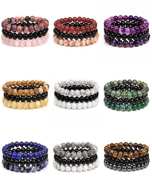 

beaded strands 3pcsset natural stone bracelets for women men fashion 8mm beads bracelet sets rose quartzs amethysts sodalite hem4088684, Black