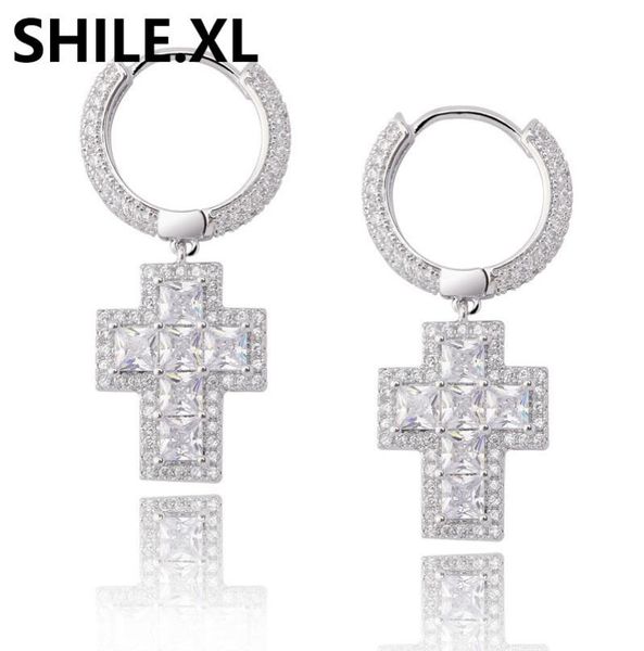 

hip hop iced out cz diamond cluster zirconia gold silver plated cross stud earrings for men hip hop jewelry3941042, Golden;silver