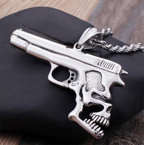 

hip hop skull pistol shape pendant necklace men stainless steel rope chain punk gothic biker jewelry drop store necklaces9163382, Silver
