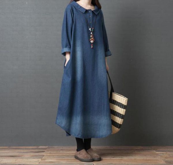 

casual dresses women vintage denim maxi dress 2021 spring summer long sleeve loose boho kaftan jeans robe tunic plus size4669370, Black;gray