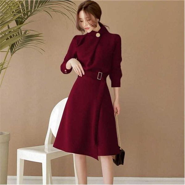 

autumn long sleeve office lady korean fashion professional dress business clothes with belt solid vestidos slim outfit 2105315919405, Black;gray