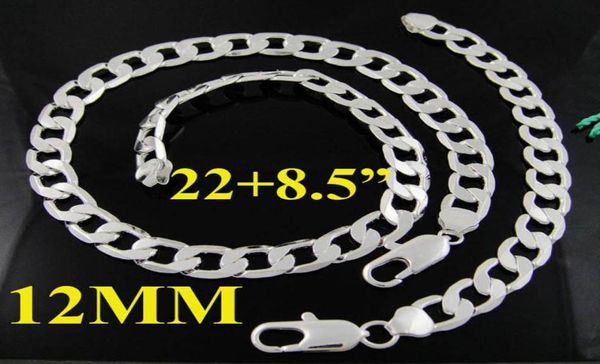 

fashion men039s jewelry set 925 silver 12mm curb chain flat necklace bracelet set 2285inch 10sets6526311