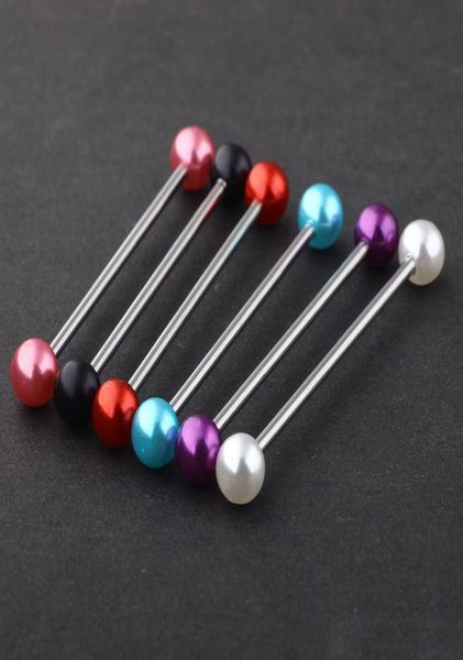 

pearl acrylic ball stainless steel industrial bar long straight barbell ear stud body jewelry piercing 100pcs 14g8921271, Silver