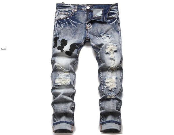 

amirs brand youth fashion hole sticking cloth embroidery men039s elastic small feet men039s jeans fashion2927616, Blue