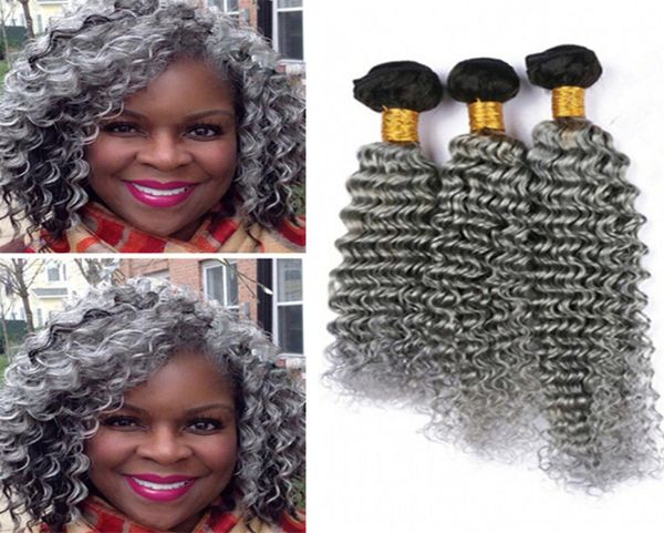 

3pcslot 1bgrey ombre deep wave brazilian hair 3 bundles dark roots gray ombre curly human hair weaves extensions 300g7010364, Black