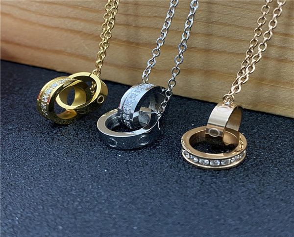 

luxury fashion necklace designer jewelry stainless steel double rings diamond pendant necklaces for women fancy dress long chain j8238227, Silver
