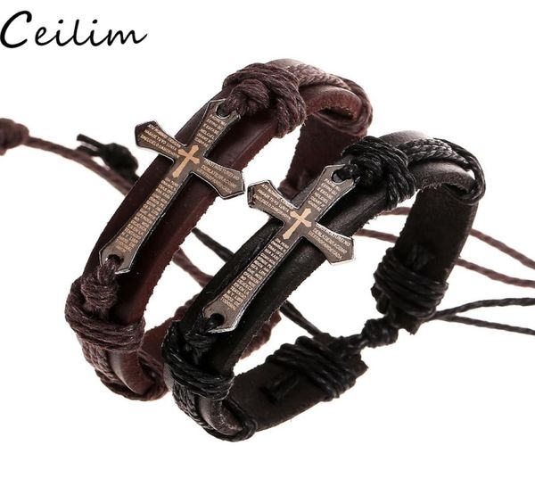 

vintage leather bracelets bangles metal cross jesus charm snake chain bracelet adjustable wax cord bracelet for men women6335549, Black