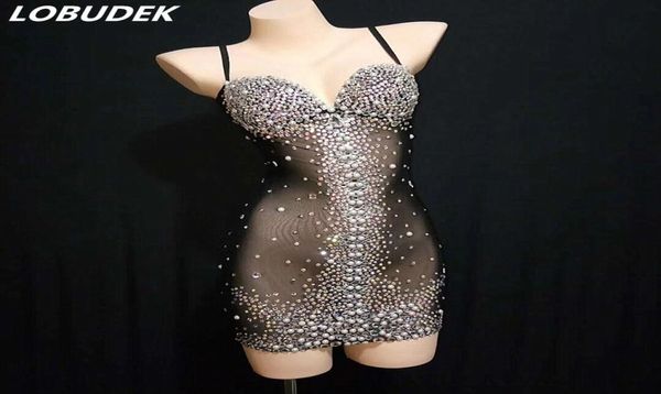 

perspective black rhines dress see-through mesh crystals short dress party celebration dresses women singer nightclub ds costumes4406511, White;black