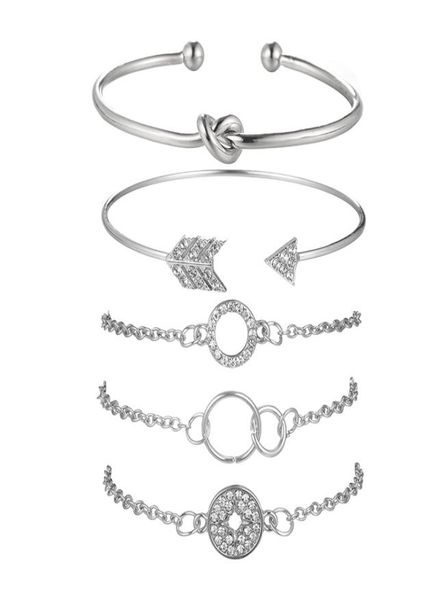 

5pcs round diamond knotted arrow open geometry chain bracelet adjustable cuff bracelet open line stackable surround bracelet set f7795979, Golden;silver