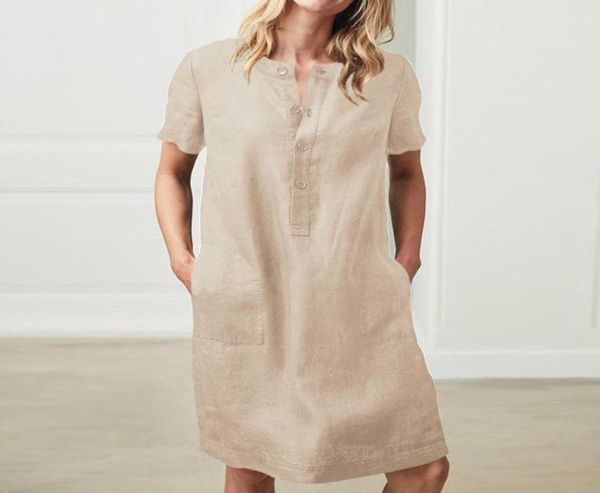 

womens linen cotton short sleeve pocket midi dress button plus size solid dresses female 2019 summer vintage straight clothes t1909812414, Black;pink
