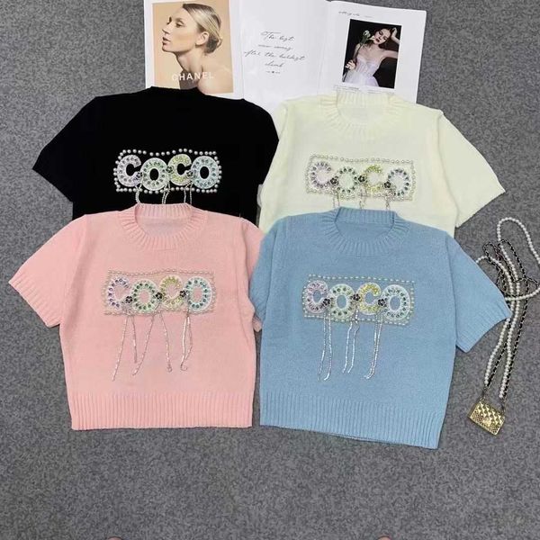 

luxury designer tshirt women short sleeved tshirts beaded embroidery knitted tshirt womens round neck pullover shirt coco slim sweatshirt po, White