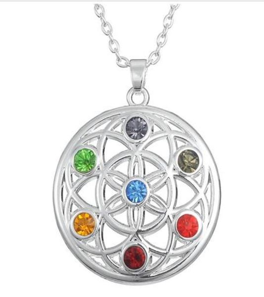 

10pcslot new style seven colors chakra stones yoga om mandala necklace potential healing energy necklace religious jewelry5798464, Silver