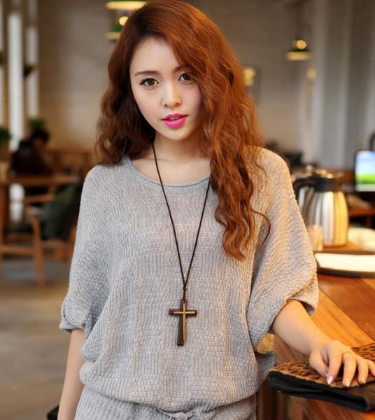 

new double wood cross pendants necklaces vintage long style sweater chain alloy leather cord men women jewelry fashion 15pcs4155002, Silver