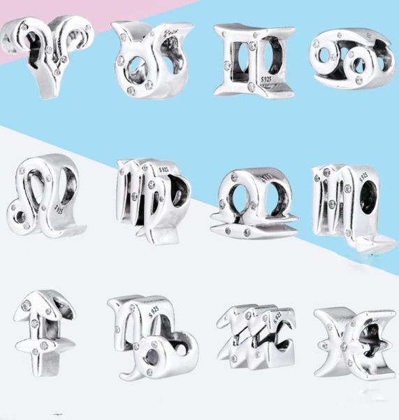 

925 silver fit charm 925 bracelet new constellation zodiac aries sagittarius diy charms set pendant diy fine beads jewelry1555875, Bronze;silver