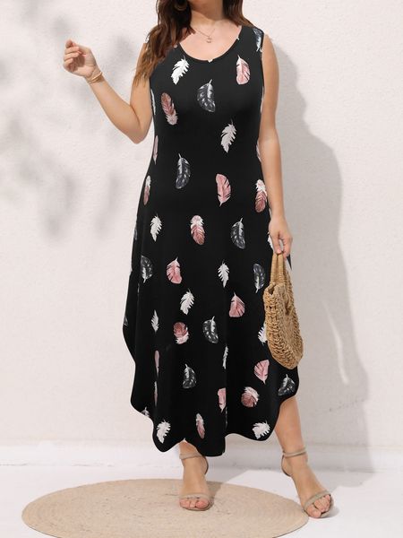 

plus size dresses finjani size tank dress feather print hidden pocket curved hem 2023 women's 230711, Black