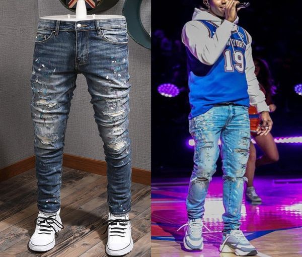 

stretch design denim biker jeans 2021 for mens slim fit painted patch trim leg cowboy pants male7015304, Blue