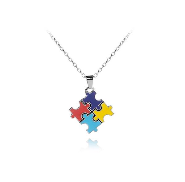 

autism awareness jigsaw cross classic square colorful enamel red blue puzzle matching pendant necklace autistic jewelry6445149, Silver