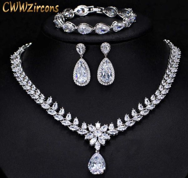 

elegant women wedding jewellery african cz crystal leaf drop bridal necklace bracelet and earrings jewelry sets t294 2107141800722, Silver