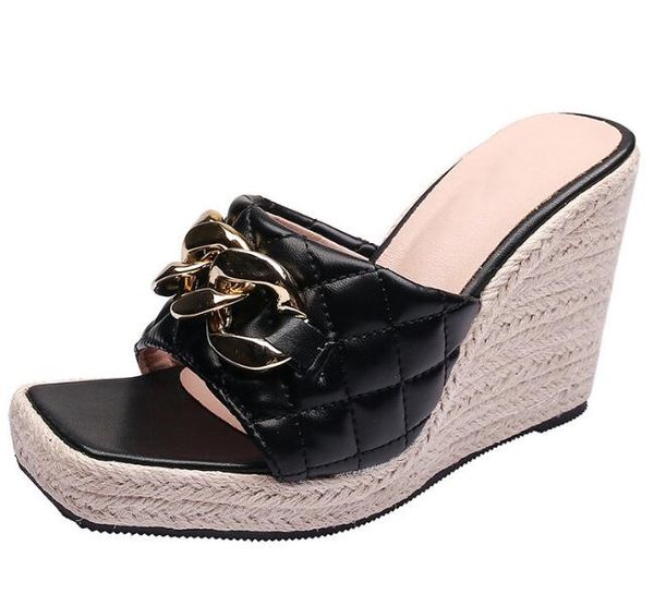 

cross border foreign trade thick sole slippers for women's outerwear summer large size high heels metal chain sandals for women's, Black