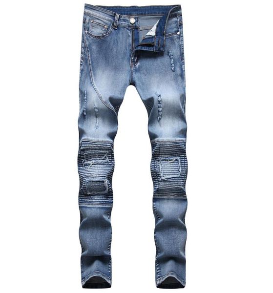 

mens solid color patchwork jeans mid waist casual fitting stretch ruched slim pleated pencil pants trousers outdoor bottoms for me4710000, Blue