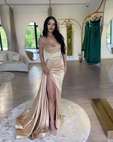

champagne plus size mermaid prom dresses long for women sweetheart sequined high side split birthday pageant celebrity evening party gowns f, Black